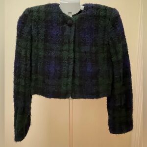 Linda Allard Ellen Tracy Green and Blue Plaid Boucle Cropped Jacket